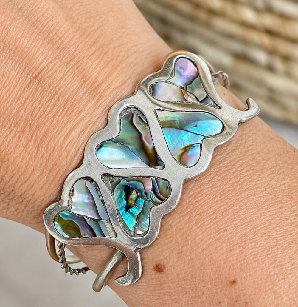 Vintage Mexico Alpaca Silver Abalone Shell Heart Cuff Bracelet Southwestern Wide